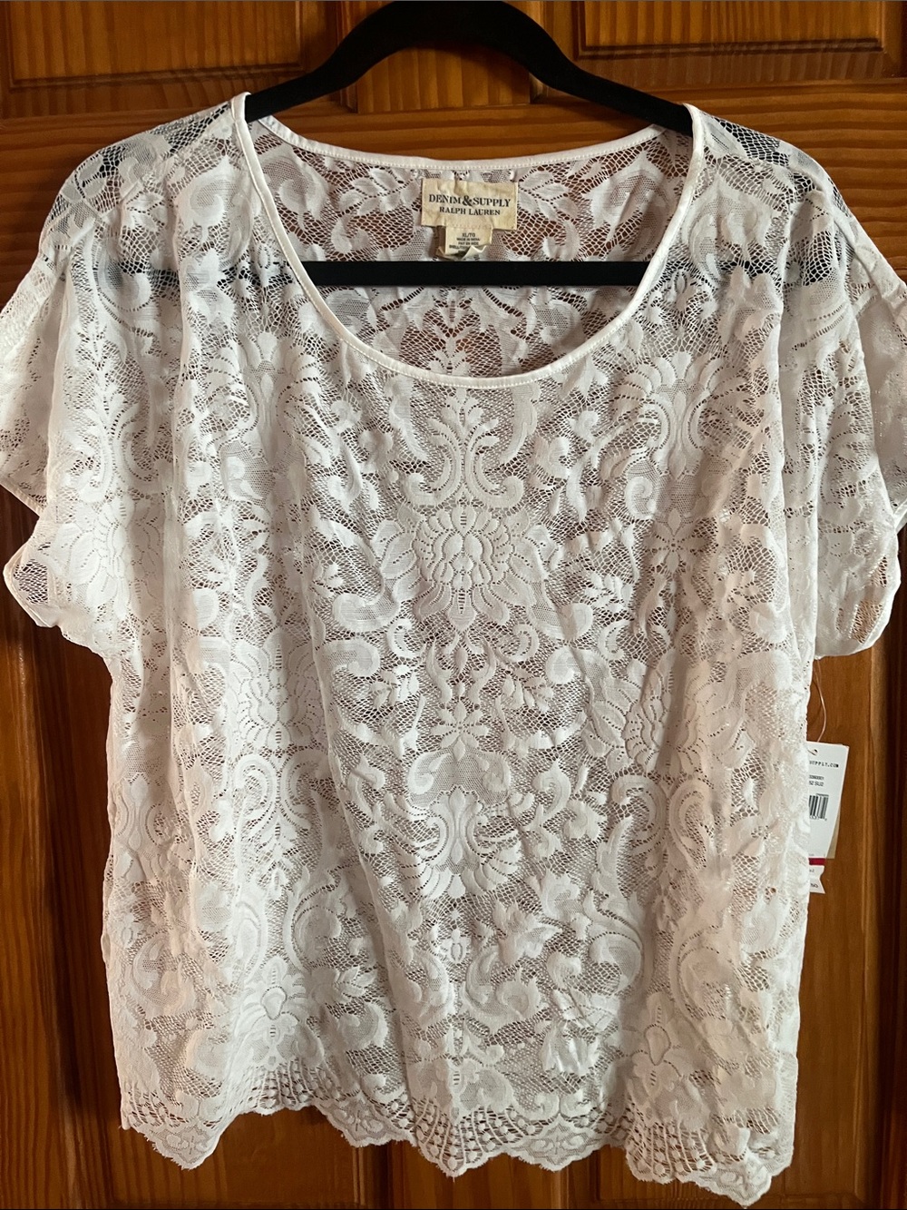 Denim & Supply Ralph Lauren White Lace Short Sleeve Scoop Neck Blouse